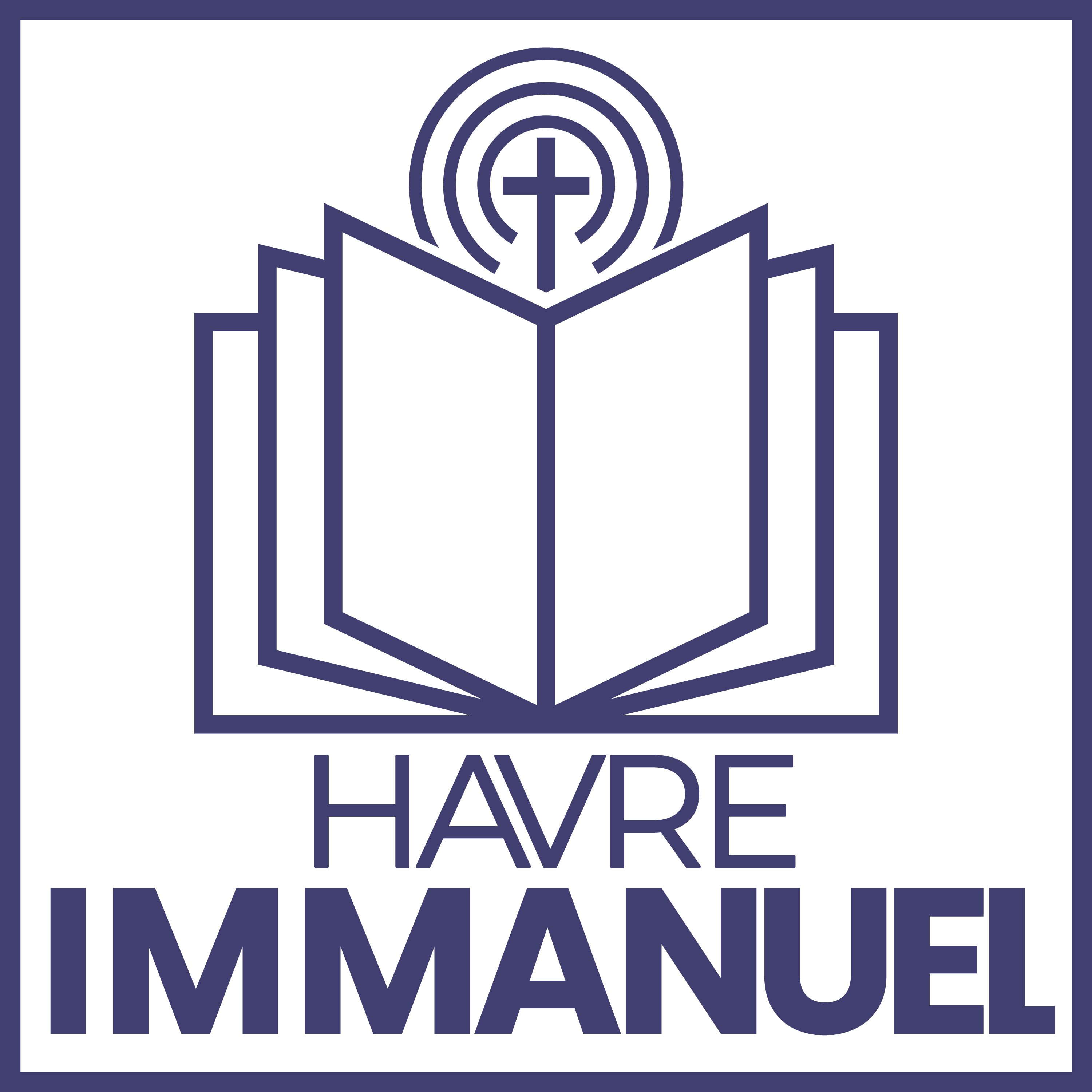 Havre Immanuel Podcast Logo: A Bible lays open beneath a cross. Radio waves emanate from the cross. Words beneath read, Havre Immanuel.